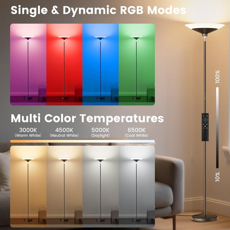 SIBRILLE RGB Torchiere Floor Lamp - 30W Dimmable LED Standing Lamp with Remote, Multi Color Changing, 72in Tall Corner Light, Bright Standing Pole Light for Office Living Room Bedroom Basement, Black - Image 3